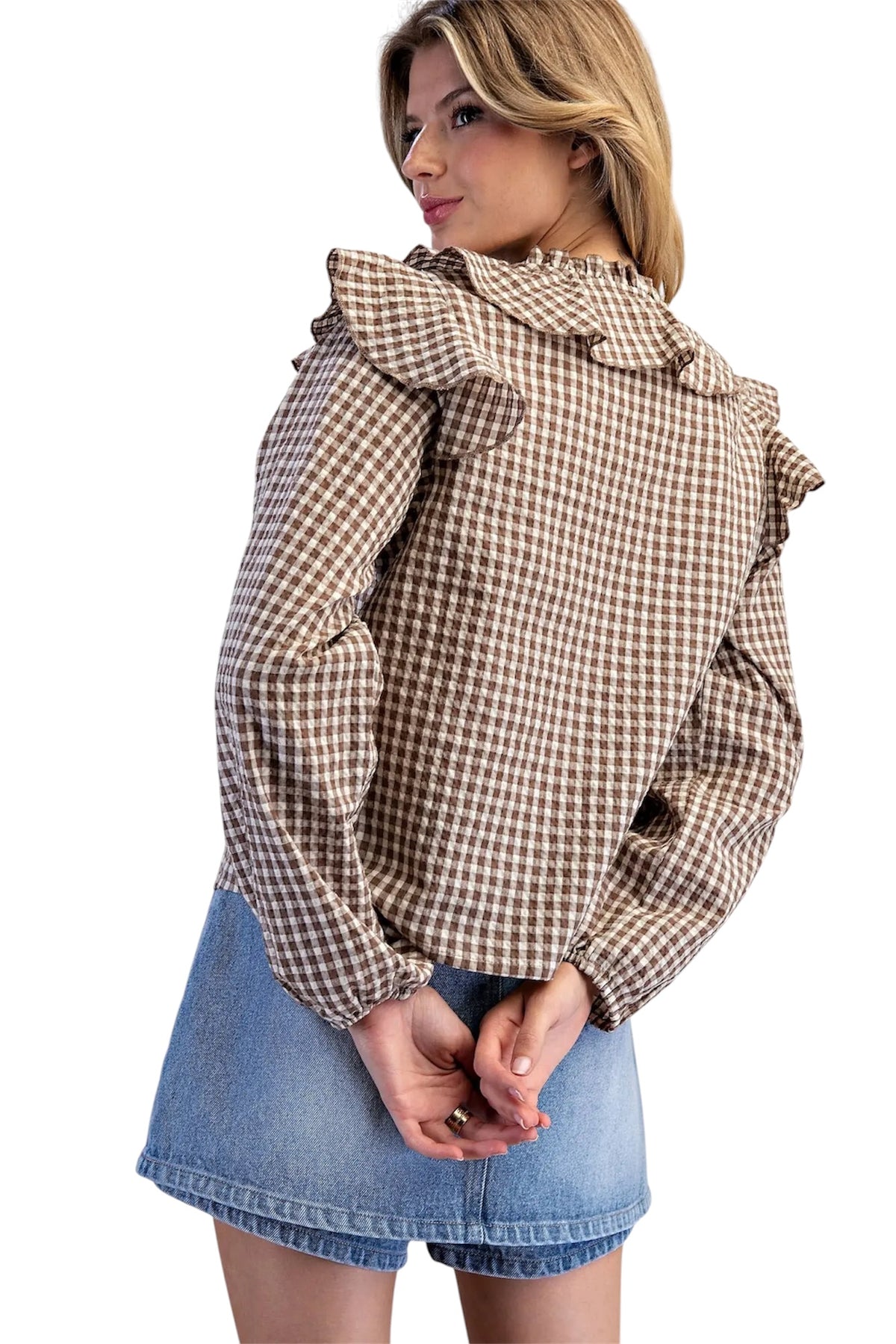 Ladies Mocha Brown Gingham Long Sleeve Blouse