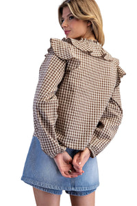 Ladies Mocha Brown Gingham Long Sleeve Blouse