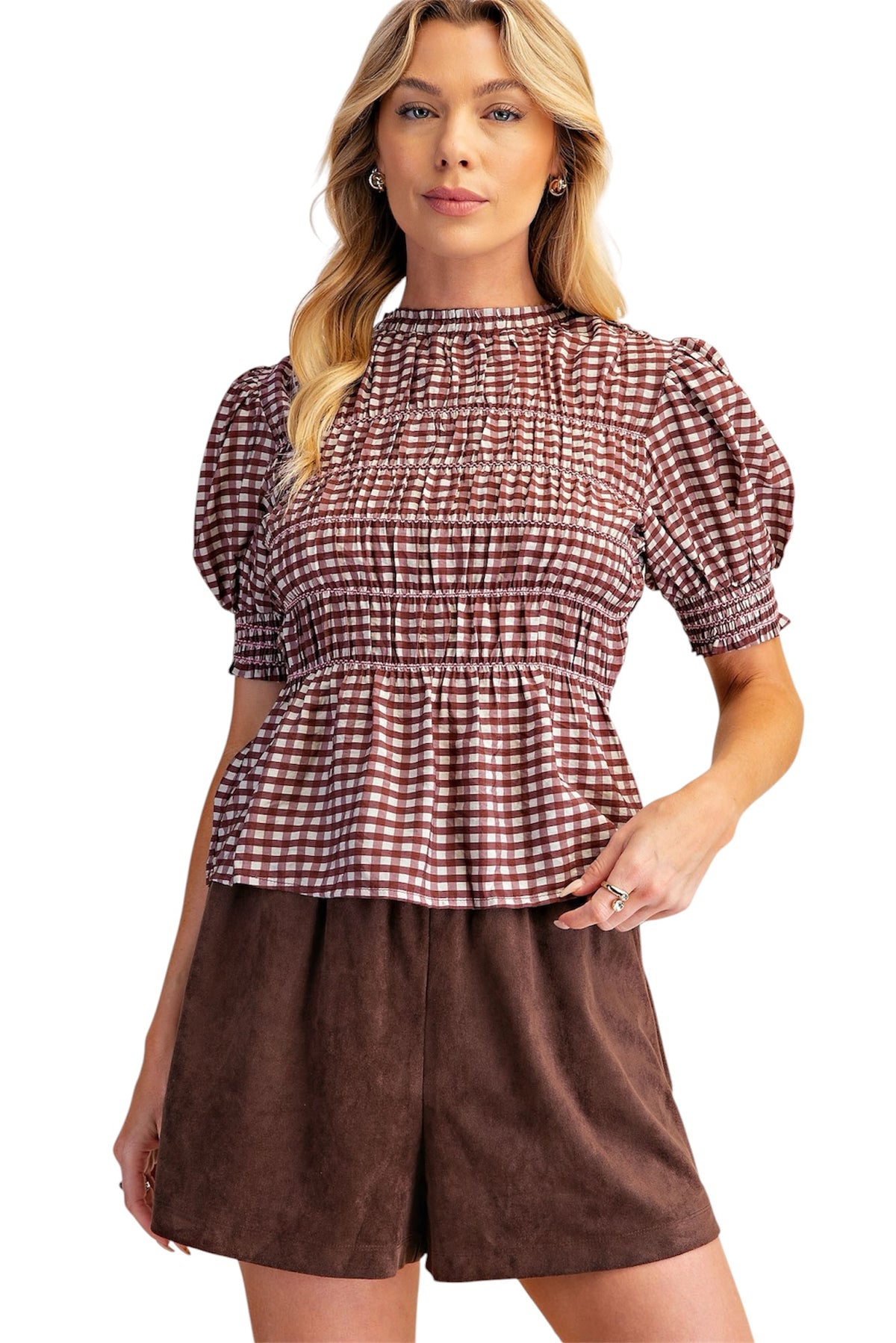 Ladies Burgundy Smocked Gingham Blouse