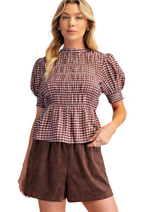 Ladies Burgundy Smocked Gingham Blouse