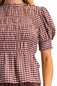 Ladies Burgundy Smocked Gingham Blouse
