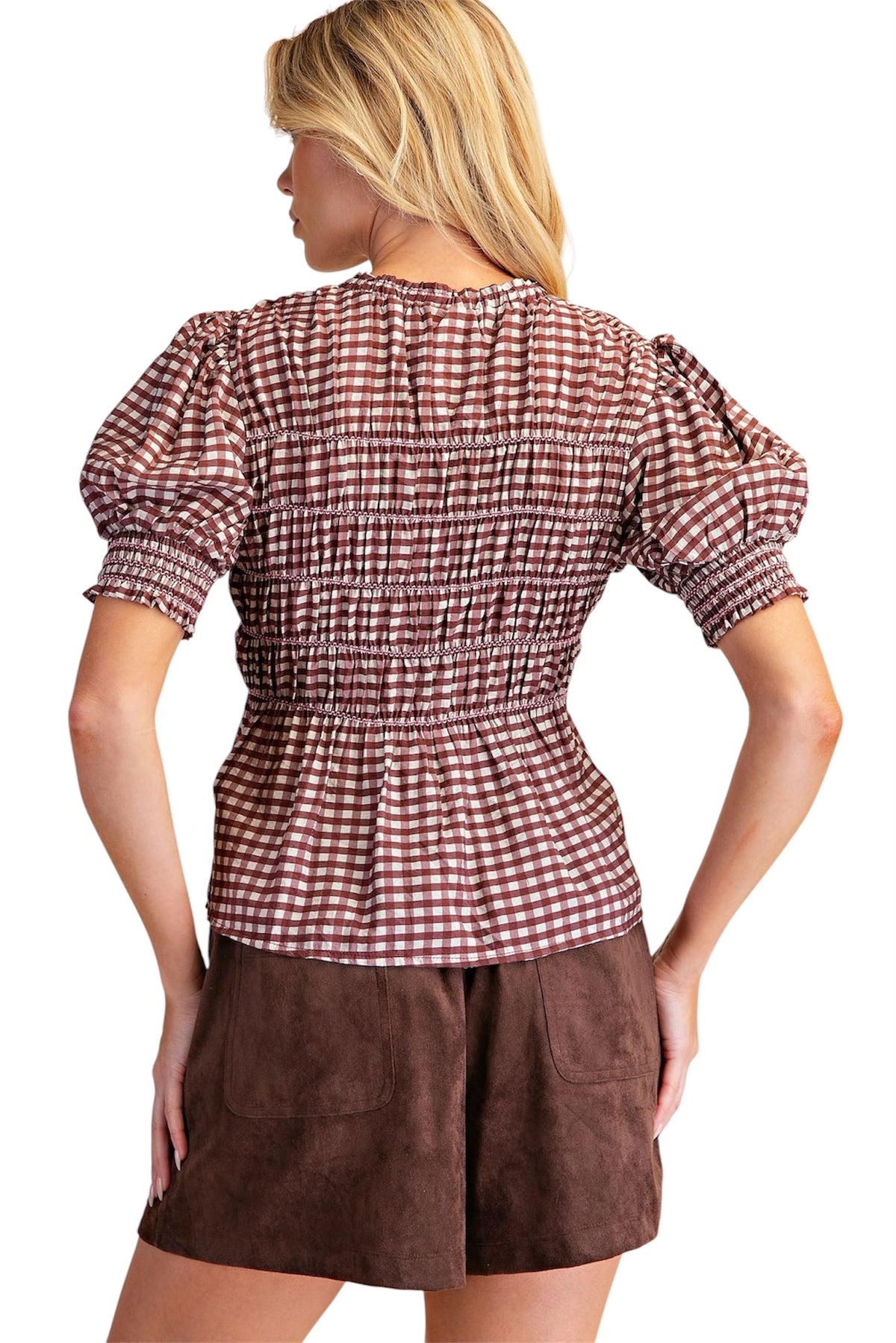 Ladies Burgundy Smocked Gingham Blouse