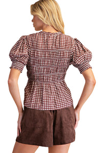 Ladies Burgundy Smocked Gingham Blouse