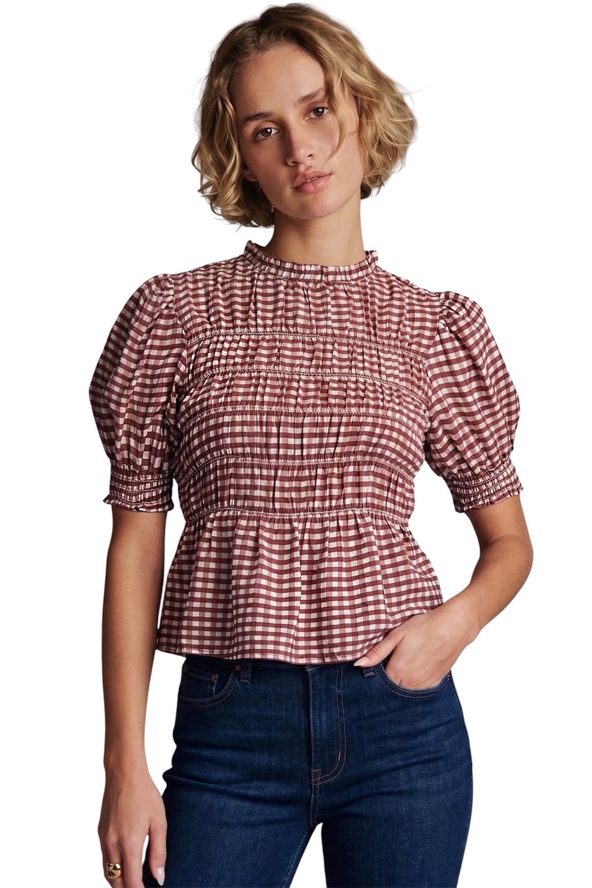 Ladies Burgundy Smocked Gingham Blouse