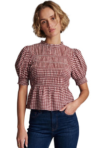 Ladies Burgundy Smocked Gingham Blouse