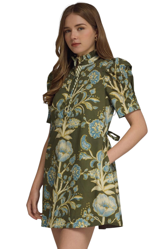 Ladies Olive Floral Mini Dress