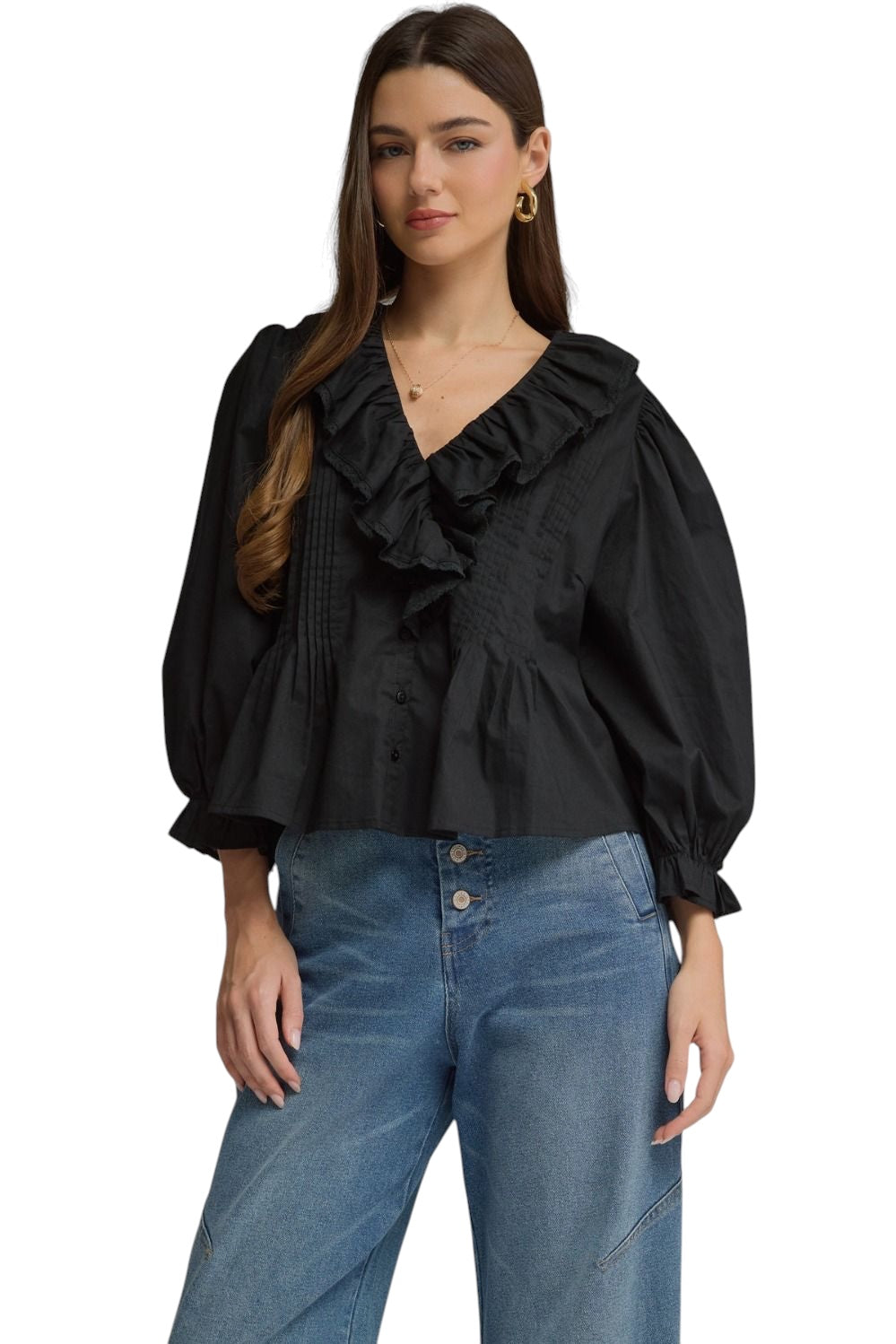 Ladies Black Ruffle Blouse