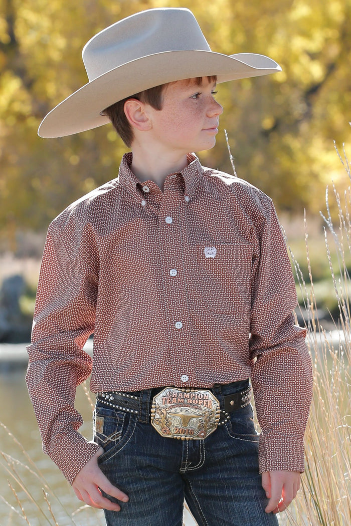 Boy's Cinch Geometric Shape Brown Long Sleeve Western Shirt