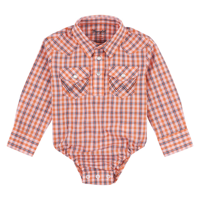Baby Boy's Wrangler Orange Plaid Snap Long Sleeve Onesie