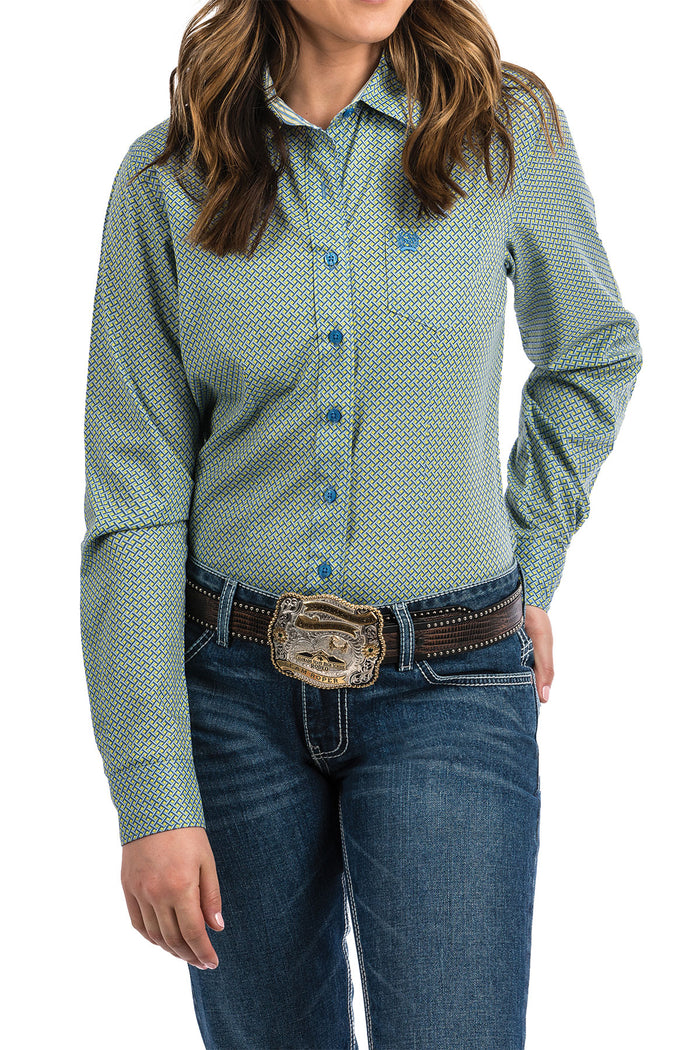 Women's Cinch Blue & Lime Print Western Long Sleeve Blouse