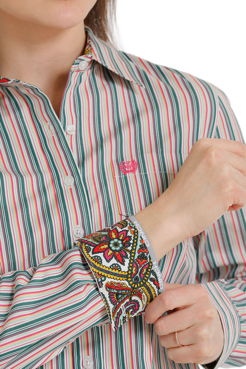 Ladies Cinch Striped Long Sleeve Shirt