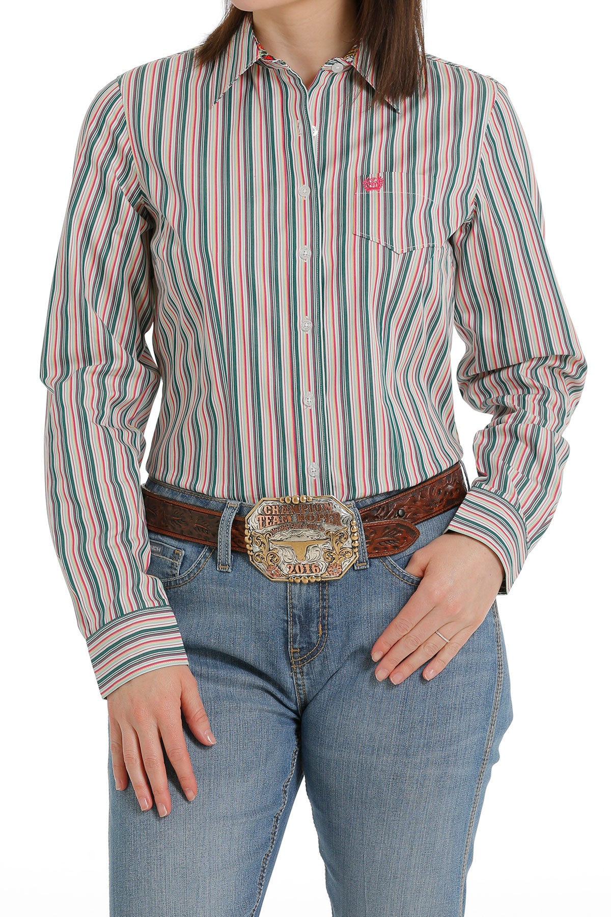 Ladies Cinch Striped Long Sleeve Shirt
