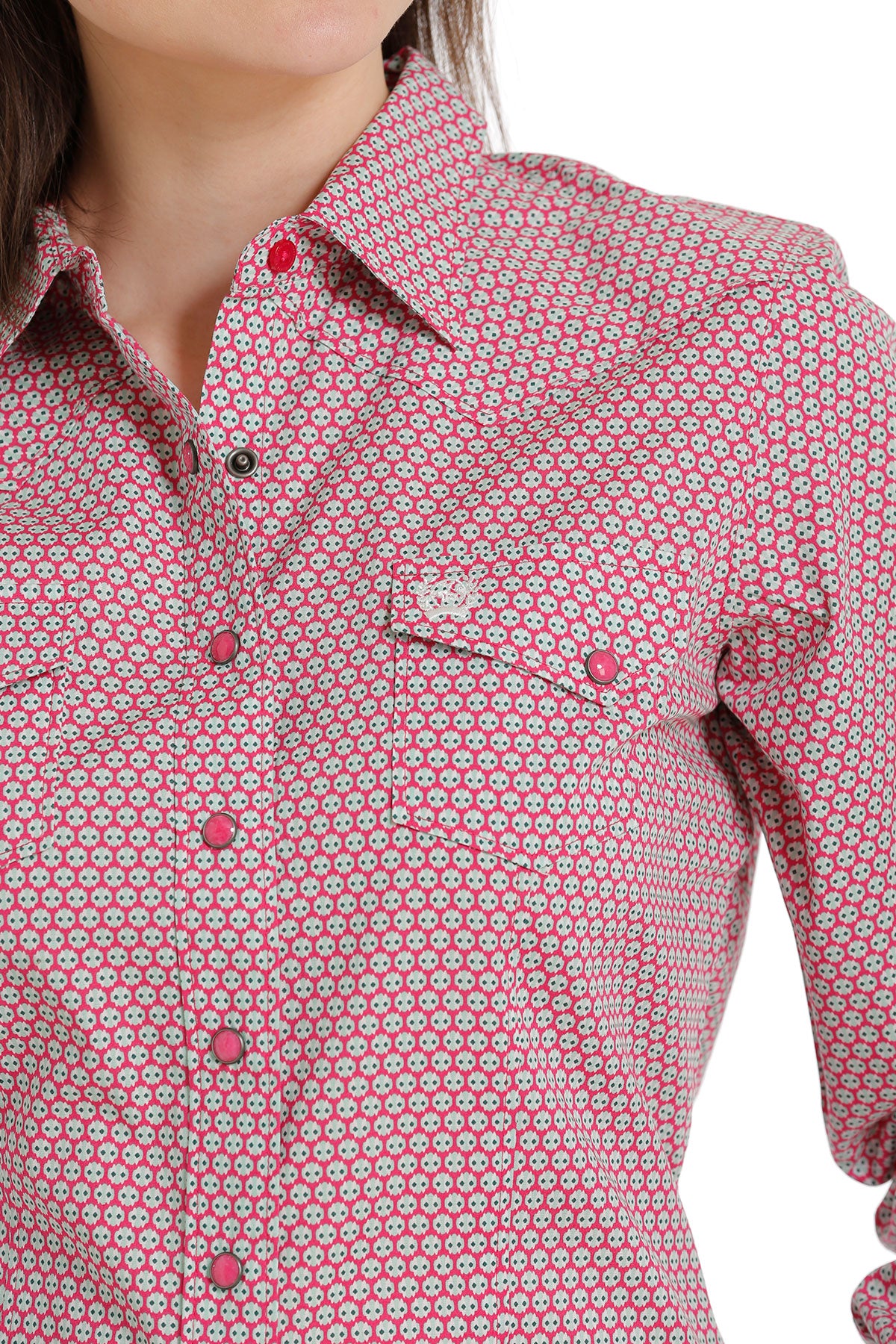 Women's Cinch Bubble Gum Pink With Mint Print Pearl Snap Shirt