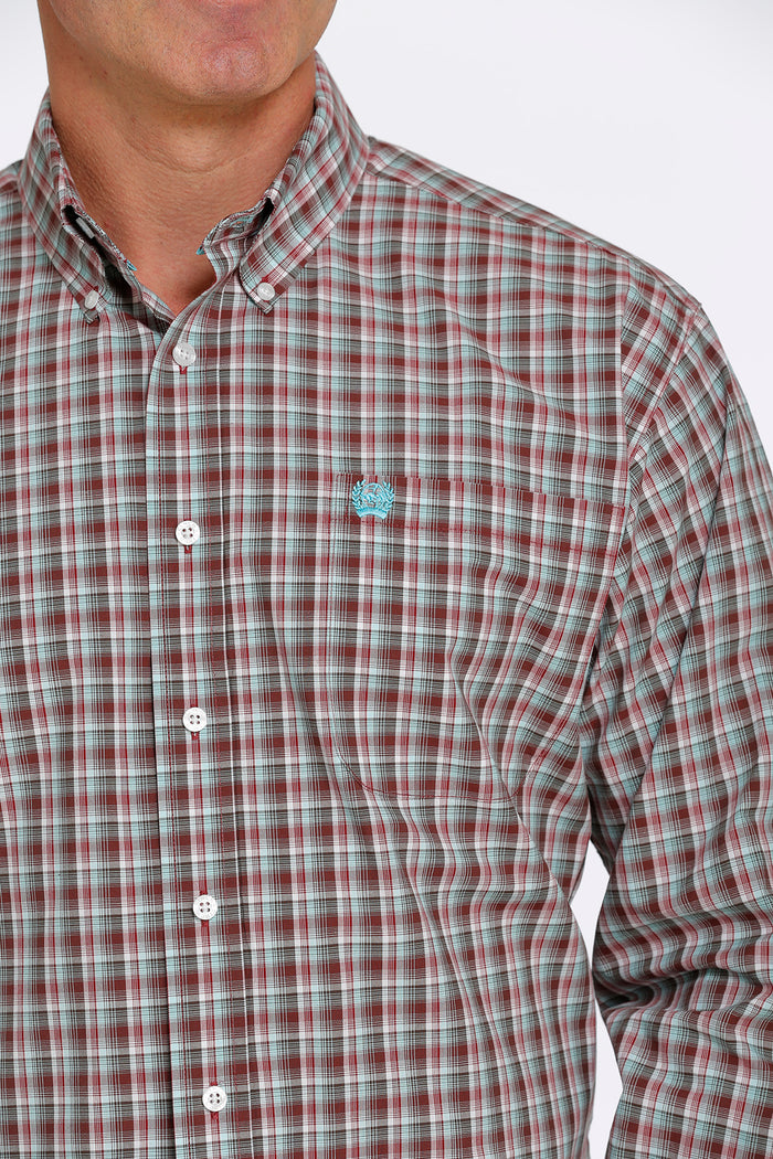 Men's Cinch Plaid Button-Down Western Shirt- Burgundy/Aqua/Brown