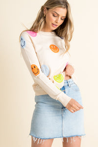 Women's Cream Smiley Polka Dot Pattern Sweater