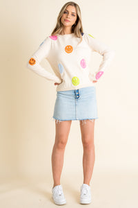 Women's Cream Smiley Polka Dot Pattern Sweater