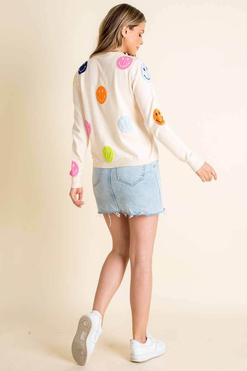 Women's Cream Smiley Polka Dot Pattern Sweater