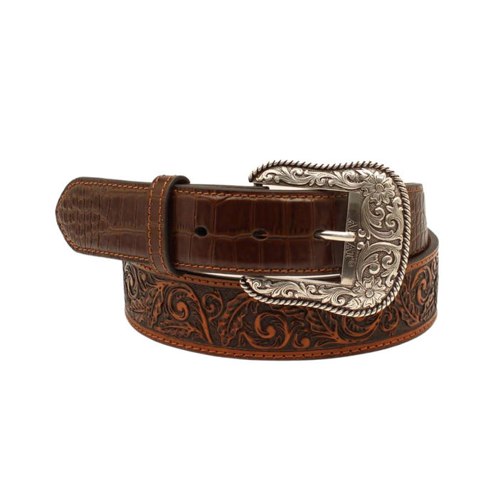 Men's Ariat Belt Brown Western Scroll Star Croco Tabs