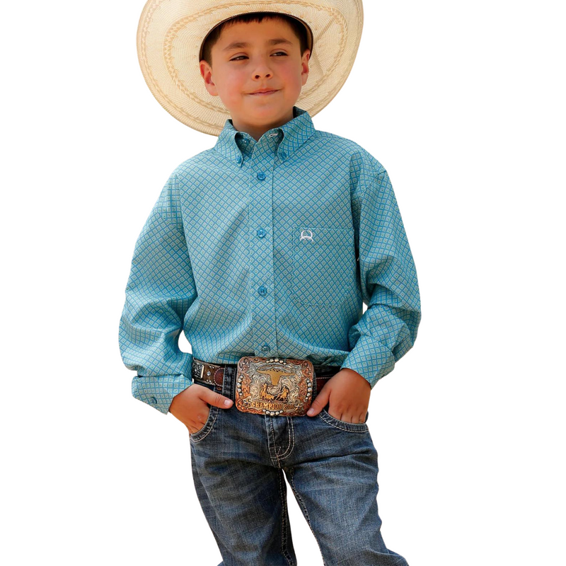 Boy's Cinch Blue Print Arenaflex Long Sleeve Button Down Shirt