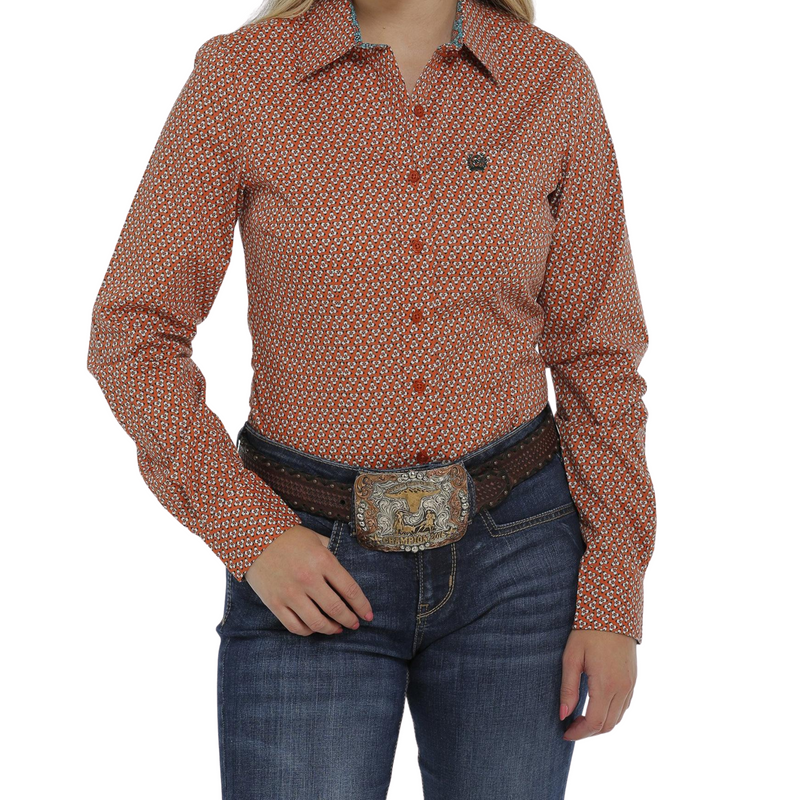 Women's Cinch Button-Down Western Shirt- Orange/Cream