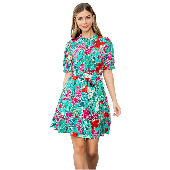 Women's Floral Short Sleeve Belt Tie Dress