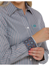 Women's Cinch 3 Color Tencel Stripe Button-Down Western Shirt- Blue/Green/Cream