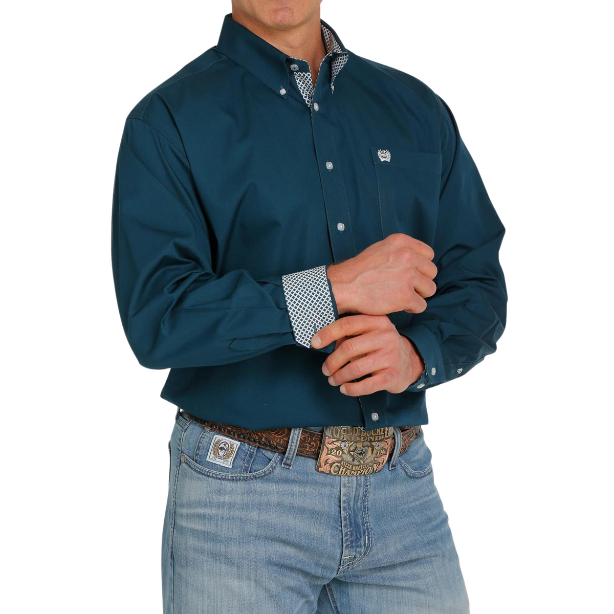 Men's Cinch Teal Solid Long Sleeve Button Down Shirt
