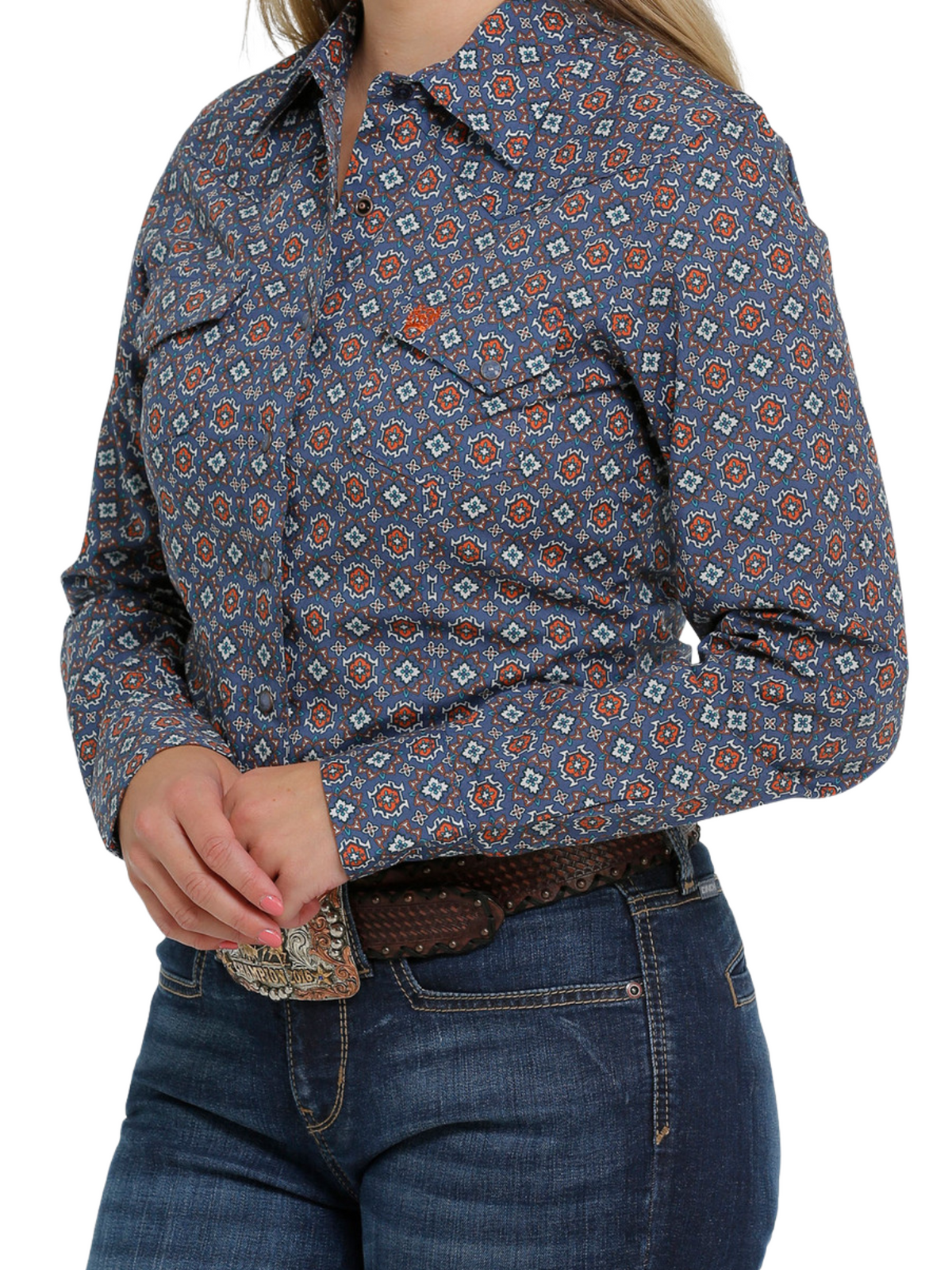 Women's Cinch Button-Down Western Shirt- Blue/Orange/Cream