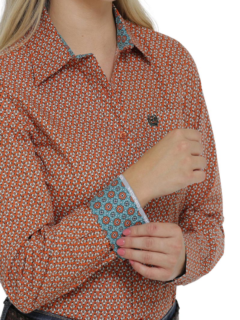 Women's Cinch Button-Down Western Shirt- Orange/Cream