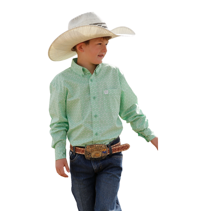 Boy's Button Up Green Print Long Sleeve Shirt