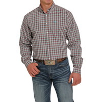 Men's Cinch Plaid Button-Down Western Shirt- Burgundy/Aqua/Brown