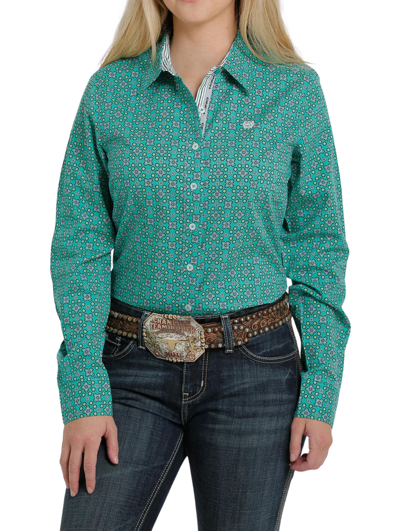 Women's Cinch Green Print Long Sleeve Button Down Shirt